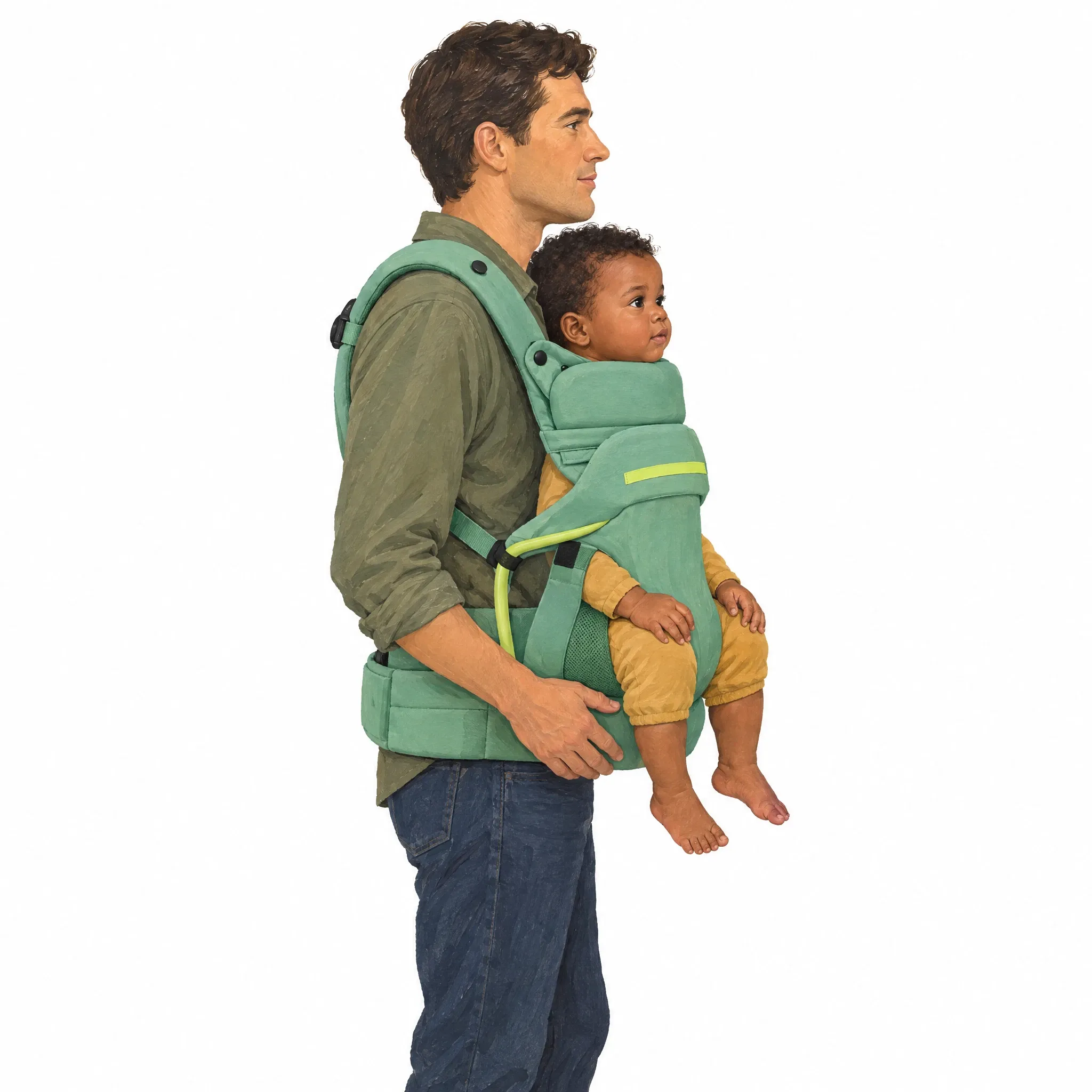 A parent standing in profile, carrying a baby facing out in the carrier.