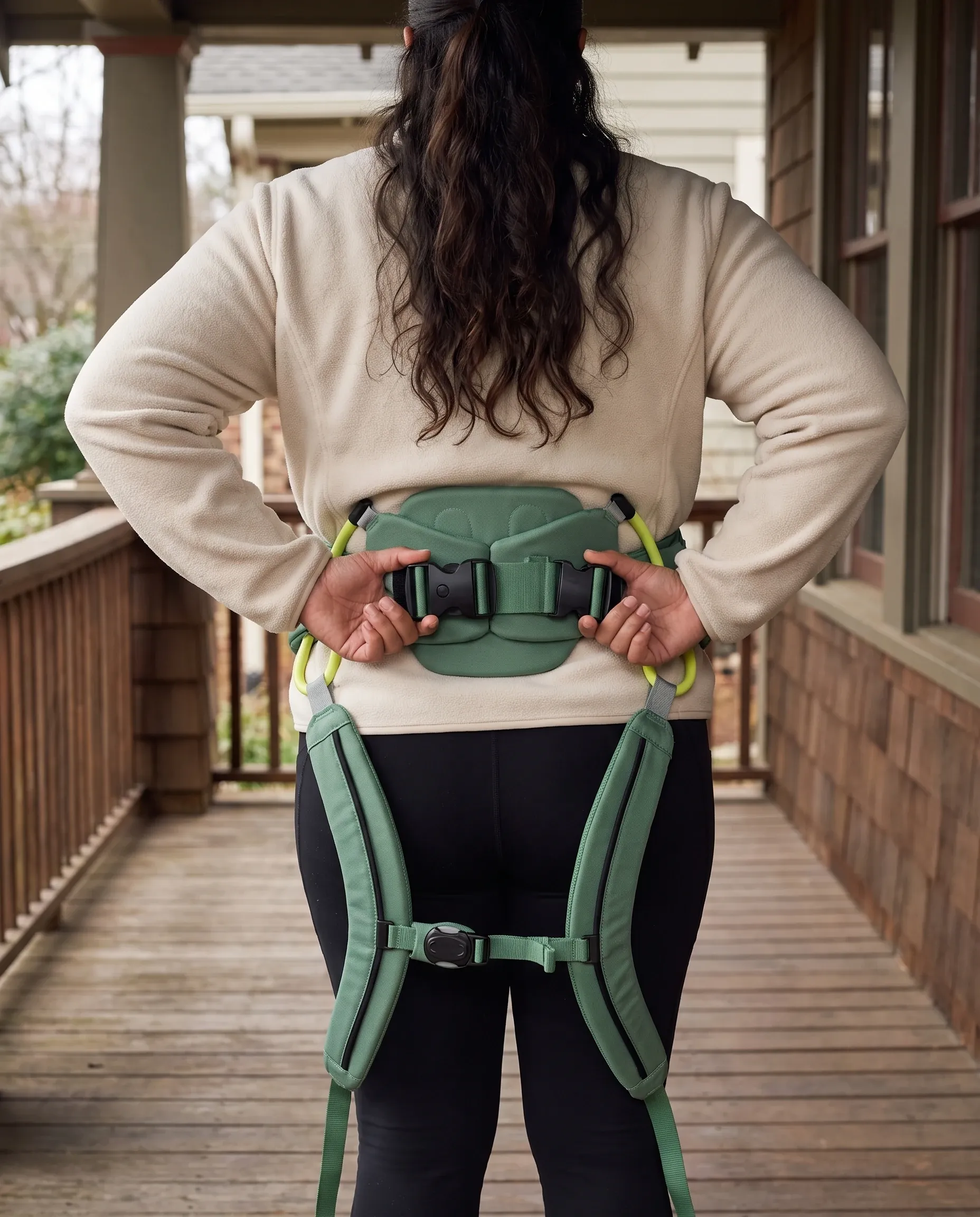 A parent seen from behind on a porch, fastening the hip belt of the carrier behind her back, with the shoulder straps not yet on.